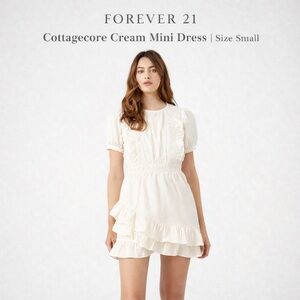 🤎 Forever 21 Cream Cottagecore Mini Dress Sz Small Lace Puff Sleeve Boho Ruffle
